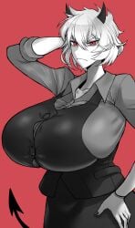 angry armpits big_breasts demon_girl demon_tail fukamichi helltaker horns huge_breasts looking_at_viewer malina_(helltaker) partially_colored white_hair