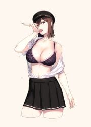 big_breasts black_hair bra hat ice_cream kantai_collection shirt_open short_hair skirt yuuji_(and)