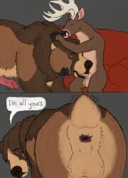 anatomically_correct anatomically_correct_genitalia anatomically_correct_penis animal_genitalia animal_penis anthro anthro_on_feral anthro_penetrating anthro_penetrating_feral anus balls bear bear_tail big_balls big_penis brown_bear cervine cervine_genitalia cervine_penis comic deer dialogue duo feral feral_penetrated furniture genitals grizzly_bear hair hgythshs hi_res kuruk_(character) larger_feral larger_male larger_penetrated male male/male male_penetrated male_penetrating male_penetrating_male mammal mane mane_hair oral oral_penetration penetration penis raised_tail rear_view roommate scut_tail sex sheath short_tail size_difference small_dom_big_sub smaller_anthro smaller_male sofa tail tail_motion tailwag ursine ursine_penis zoophilia