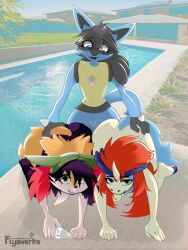 anthro ass bent_over black_hair blue_body blue_eyes blue_fur bottle braixen canid canine equid equine eye_scar facial_scar fiyawerks fur generation_4_pokemon generation_5_pokemon generation_6_pokemon girly green_eyes grey_body grey_eyes grey_fur grey_hair hat keldeo looking_at_viewer lucario male mammal multicolored_body multicolored_fur nintendo pokemon pokemon_(species) spikes tail tan_body tan_fur trio yellow_body yellow_fur