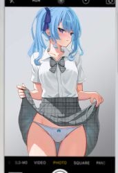 absurdres blue_eyes blue_hair blue_ribbon blush bow bowtie breasts clothes_lift collared_shirt fake_phone_screenshot fake_screenshot female glaring gluteal_fold grey_skirt hair_ribbon highres hololive hololive_gen_0 hololive_japan hoshimachi_suisei lifted_by_self looking_at_viewer oniku_(o29sukizero) panties parted_lips plaid plaid_bow plaid_bowtie plaid_skirt ribbon shirt shirt_tucked_in side_ponytail skirt skirt_lift small_breasts solo underwear v-shaped_eyebrows viewfinder virtual_youtuber white_panties white_shirt