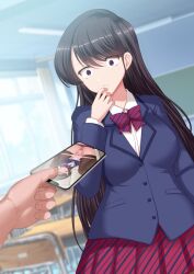 1boy akino_hamo black_hair black_thighhighs blue_shirt bow cellphone classroom collared_shirt day female highres holding holding_phone indoors komi-san_wa_komyushou_desu komi_shouko long_hair long_sleeves masturbation panties panty_pull phone pink_panties pleated_skirt pubic_hair red_bow red_skirt scared school_uniform shirt skirt smartphone squat_toilet thighhighs toilet underwear white_shirt