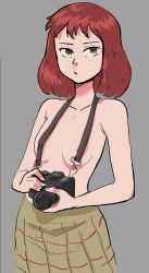 1girls amber_eyes camera covered_nipples flcl half_naked mamimi_samejima nipples_covered red_hair short_hair skirt small_breasts solo solo_female unwary_boi