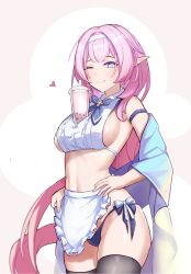 :q apron black_thighhighs blue_eyes breasts bubble_tea bubble_tea_challenge closed_mouth commentary_request cowboy_shot cup disposable_cup elysia_(honkai_impact) female hairband hand_on_own_hip heart highres honkai_(series) honkai_impact_3rd large_breasts long_hair one_eye_closed pink_pupils pointy_ears sideboob smile solo thighhighs tongue tongue_out very_long_hair waist_apron white_apron white_hairband wsad4073_(40739983)