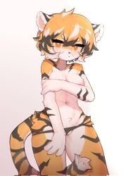 anthro areola arknights black_body blush breasts clothed clothing crayon_(artist) felid female genitals hi_res hypergryph looking_at_viewer mammal orange_body orange_eyes pantherine pussy simple_background solo studio_montagne tiger topless underwear underwear_only waai_fu_(arknights) white_background white_body