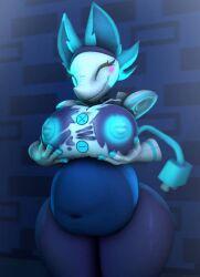 3d after_digestion after_vore ass_expansion belly blue_nipples breast_expansion cally3d chubby clazzey cryptiacurves deltarune furry holding_breasts huge_breasts huge_thighs qpwoei5 ripped_clothing smiling source_filmmaker tasque_manager_(deltarune) vore vore_belly wardrobe_malfunction