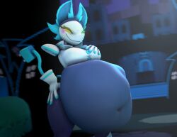 3d cally3d clazzey cryptiacurves deltarune floating_hands hand_on_breast hand_on_hip huge_belly qpwoei5 source_filmmaker tail tasque_manager_(deltarune) vore vore_belly