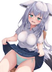 absurdres animal_ear_fluff animal_ears blue_panties blue_skirt blush braid breasts chair clothes_lift collared_shirt female fox_ears fox_girl fox_tail green_eyes grey_hair highres hololive hololive_gamers hololive_gen_1 hololive_japan kajitsu_no_hito large_breasts lifted_by_self long_hair looking_at_viewer on_chair open_mouth panties shirakami_fubuki shirt side-tie_panties skirt skirt_lift solo tail underwear virtual_youtuber white_shirt