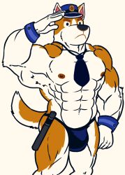 animal_crossing anthro balls bara barazoku bulge canine canine copper_(animal_crossing) furry hornyolcrow male male_only muscles muscular nintendo penis saluting solo solo_male