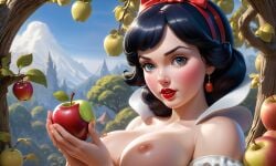 1girls ai_generated apple big_breasts black_hair blue_eyes breasts criss54321 disney disney_princess earrings female female_only forest holding_apple lips lipstick mountain nipples open_mouth outdoors outside princess red_lipstick royalty short_hair sky snow_white_(disney) snow_white_and_the_seven_dwarfs teeth