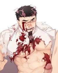 1boy abs aura bara bare_pectorals bata_don_ beard_stubble beefy big_breasts black_hair black_necktie bleeding_eyes blood blood_drip blood_from_eyes blood_from_mouth blood_in_mouth blood_on_clothes blood_on_face blood_on_pectorals blood_splatter blood_stain bloody bloody_clothes bloody_nose collared_shirt crying crying_with_eyes_open erection extreme_content fingernails frown gore hardcore hi_res highres imminent_rape imminent_sex injury laceration leg_up long_sleeves looking_up lying male male_focus male_only muscles muscular muscular_male necktie nude on_back one_eye_closed open_mouth outstretched_hand pecs pectorals penis pointy_ears purple_eyes r18g ripped_clothing scar scar_on_face scar_on_nose shadow shirt short_hair smoke solo spread_legs tearing_up tears teeth tokyo_afterschool_summoners torn_clothes torn_shirt torture tough_guy uncensored veiny_penis white_background white_shirt wound wounded yoritomo_(tokyo_afterschool_summoners)