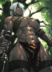 1girls abs armor braid breasts choker dark-skinned_female dark_elf dark_skin elf eyepatch hi_res large_breasts loincloth long_hair looking_at_viewer looking_down mikel_bk muscular muscular_female navel original pointy_ears ponytail revealing_clothes scar skimpy solo thick_thighs underboob white_hair yellow_eyes