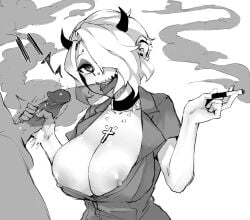 1boy absurdres blowing_smoke breasts cigarette collar cross ear_piercing female handjob helltaker highres holding holding_cigarette khana18138149 monochrome mouth_piercing nipples nose_piercing open_clothes open_shirt piercing sharp_teeth shirt smile smoke teeth tongue tongue_out zdrada_(helltaker)