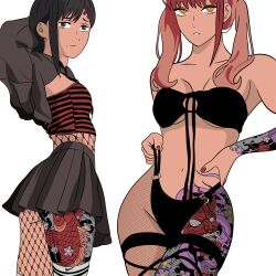 2girls black_hair chainsaw_man eye_contact female female_only fishnet fishnet_legwear fishnet_stockings fishnet_thighhighs fishnets higashiyama_kobeni long_hair makima_(chainsaw_man) multiple_girls ogii_ykke outfit red_hair short_hair