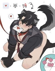 bara black_hair blush card choker condom doodlefish75 earrings garter garter_belt_socks gay genshin_impact grey_hair holding_object_in_mouth leash male male_only partially_clothed scar short_hair socks tail two_tone_hair wiggling wriothesley_(genshin_impact) yaoi