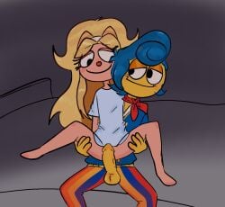 blonde_hair blue_hair blush holding_leg julie_joyful_(welcome_home) legs_held_open penis penis_out puppet wally_darling wally_darling_(welcome_home) welcome_home welcome_home_(puppet_show)