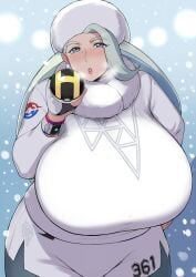 1girls 2019 alternate_breast_size big_breasts blue_eyes blush blushing breasts_bigger_than_head clothed colored game_freak huge_breasts human kurohardt lips looking_at_viewer massive_breasts mature_female melony_(pokemon) milf mother nintendo old_woman plump pokemon pokemon_ss snow