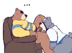 animal_crossing anthro balls bear blowjob boner curt_(animal_crossing) debudraws erection furry gay male male_only nintendo oral overweight pantsless penis shirt spread_legs superchub teddy_(animal_crossing) ursid