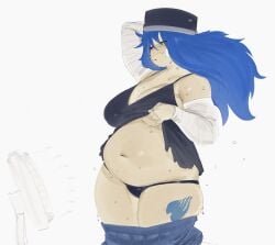 1girls bawlboxer belly big_belly blue_hair chubby chubby_female cooling_off fairy_tail fan female female_only juvia_lockser khentaiu khentart lifting_shirt no_bra overweight overweight_female panties plump skirt_around_legs solo sweat tattoo underboob