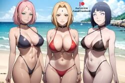 3girls ai_generated armpit armpits big_breasts bikini bikini_bottom bikini_top black_hair blonde_female blonde_hair blonde_hair_female blush blushing_at_viewer boruto:_naruto_next_generations cameltoe choker dominant dominant_female domination embarrassed enormous_breasts female female_only forehead_gem forehead_jewel forehead_mark from_below gray_eyes green_eyes hands_behind_back huge_breasts human hyuuga_hinata lewdcreationsai looking_at_viewer multiple_girls naruto naruto:_the_last naruto_(classic) naruto_(series) naruto_shippuden navel pink_hair sakura_haruno smile smirk smirking smirking_at_viewer swimsuit swimwear thick_thighs thighs tsunade white_eyes