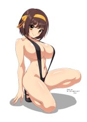 1girls brown_hair commission elun_(llelunlun) english_text eyebrows_visible_through_hair female headband kneeling large_breasts light-skinned_female light_skin looking_at_viewer medium_hair midriff navel ribbon shadow shoes simple_background sling_bikini slingshot_swimsuit smile solo suzumiya_haruhi suzumiya_haruhi_no_yuuutsu text white_background yellow_eyes