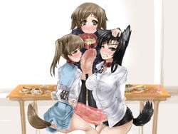 abubu angry artificial_vagina black_hair blush brown_hair censored chained dish ejaculation futanari intersex licking mouth_hold school_uniform table tail vibrator