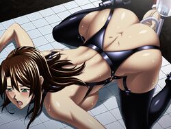 00s 1boy 1girls 2000s 2d 2d_(artwork) anal_insertion ass big_breasts black_package_try black_thighhighs blush bondage bondage_harness brown_hair collar dimples_of_venus faceless_male female female_focus green_eyes hi_res highres indoors kishuu_no_yakata latex_boots latex_legwear latex_thighhighs long_hair mesudo_no_kan mosaic_censoring no_bra no_panties no_sex open_mouth saeki_hitomi_(kishuu_no_yakata) sweat table tagme tile_table tube tube_in_ass