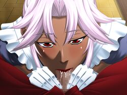 1boy 1girls black_package_try blowjob blush bondage censored dark-skinned_female drool eye_contact fellatio indoors interracial kishuu_no_yakata lavender_hair lipstick looking_at_viewer looking_back maid mesudo_no_kan mouth_on_penis oral_sex patricia_(kishuu_no_yakata) red_eyes red_lips saliva saliva_on_penis tagme white_gloves