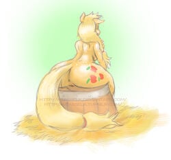 anthro applejack_(mlp) ass blonde_hair cutie_mark earth_pony equine female female_only friendship_is_magic fur hair hasbro mammal my_little_pony plain_background pony pussy sitting smooth_skin solo weasselk