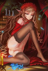 anus blue_eyes brown_hair candle charlotte_(w5353383) chess_piece elbow_gloves female flower gloves long_hair navel nude original pointy_ears pussy rose solo thighhighs wavy_hair