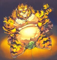 anthro balls clothing dudedle feline fur furry hair male male_only muscles nipples penis scar tiger