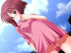 breasts brown_eyes censored clothing dress dutch_angle erect_nipples game_cg huge_belly kashihara_ami large_breasts looking_away oni_isha pink_hair pregnant pussy_juice ready_to_pop sad sasakana_megumi skirt sky worried