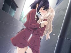 black_hair blonde_hair blush cg eroge female fuguriya game_cg green_eyes kawamura_reo multiple_girls peko purple_eyes sawaguchi_mai schoolgirl sono_hanabira_ni_kuchizuke_wo yuri