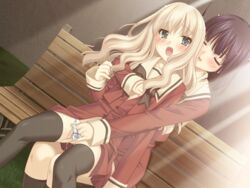 black_hair blonde_hair blush cg eroge female fingering fingering_partner fuguriya game_cg green_eyes kawamura_reo multiple_girls purple_eyes sawaguchi_mai schoolgirl sono_hanabira_ni_kuchizuke_wo yuri