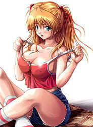 1girls asuka_langley_sohryu blue_eyes blush clothing denim denim_shorts erect_nipples erect_nipples_under_clothes feet female female_only footwear human large_breasts neon_genesis_evangelion orange_hair pillow posing red_hair shinozuka_jouji shorts sitting socks solo strap_slip tagme tank_top