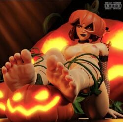 blush blushing breasts choker fatterrocker feet feet_up fishnets foot foot_fetish foot_focus fortnite halloween horny looking_at_viewer naked nude nude_female patch_(fortnite) pumpkin pumpkin_head vines