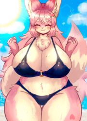 anthro closed_eyes cute fox fox_girl furry happy huge_breasts humanoid in_pnj original_character pink_fur smile thick_thighs venus_body voluptuous wholesome wide_hips