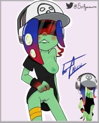 1girls acht_(splatoon) black_clothes black_glasses blue_hair blush blush_lines blushing_at_viewer breasts breasts_out clothed clothed_female clothing dedf1sh exposed_pussy female glasses gray_background green_body green_lips green_skin headphones looking_at_viewer mizuta_ahato_(splatoon) nintendo octoling octoling_girl pubic_hair pussy red_hair sanitized_octarian sanitized_octoling sir_apasaurio splatoon splatoon_(series) splatoon_2 splatoon_3 splatoon_3:_side_order twitter_logo twitter_username