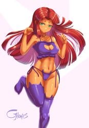 1girls alien alien_girl bell_collar breasts cartoon_network cjhomics collar dc dc_comics female green_eyes happy leggings legwear long_hair long_hair_female looking_at_viewer one_leg_up orange_skin red_hair shirt smile smiling_at_viewer solo_female solo_focus starfire teen_titans