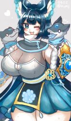 :3 anthro blue_eyes blue_hair blush cute_fang dress female furry grey_fur huge_breasts humanoid in_pnj one_eye_closed original_character thick_thighs voluptuous wide_hips wink