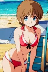 1girls ai_generated beach blue_eyes breasts brown_hair female hikaru hikaru_hiyama human kimagure_orange_road light-skinned_female light_skin looking_at_viewer red_swimsuit shounen_jump solo tagme