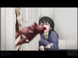 1futa 1girls against_wall animification artist_name bathrobe black_hair blue_robe broken_door clothed clothing commentary door english_commentary erection female female_focus focus_on_penis fully_clothed futanari grey_eyes hand_on_wall hand_up here's_johnny!_(meme) holding holding_knife hole huge_cock human indoors intersex knife large_penis letterboxed light-skinned_female light-skinned_futanari light_skin long_hair long_sleeves meme motion_blur muchin multiple_girls muuchin_(muchmuchmuchin) parody penis robe sanpaku scene_reference shaded_face signature solo_focus standing sweater the_shining turtleneck turtleneck_sweater twitter_username watermark wendy_torrance