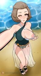 1girls 2023 absurdres alternate_costume artist_name beach beauty_mark blush breasts breasts_out brown_eyes brown_hair female female_only fire_emblem fire_emblem:_three_houses flashing green_one-piece_swimsuit green_swimsuit highres kagironsfw large_breasts light-skinned_female light_skin looking_at_viewer manuela_casagranda mole mole_on_breast nintendo nipples one-piece_swimsuit sand sandals selfie solo swimsuit water watermark wink