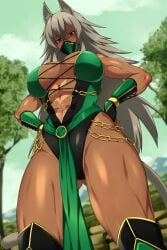 1girls 2023 2023s animal_ears belly_button big_breasts breasts brown_eyes cleavage cosplay dark-skinned_female dark_skin feet female female_focus female_only ghislaine_dedoldia green_eyes grey_hair hair heterochromia hi_res jade_(mortal_kombat)_(cosplay) lindaroze long_hair looking_down low-angle_view mortal_kombat mushoku_tensei navel solo tail thick_thighs thigh_boots thigh_highs thighhighs thighs thunder_thighs wide_hips