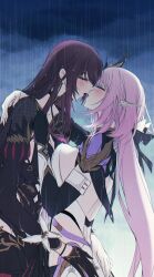 2girls backless_outfit black_dress black_gloves blush breast_press breasts brown_hair closed_eyes cloud cloudy_sky dress eden_(honkai_impact) elbow_gloves elysia_(honkai_impact) face-to-face facing_another french_kiss from_side gloves highres honkai_(series) honkai_impact_3rd hug kissing long_hair long_sleeves medium_breasts multiple_girls open_mouth outdoors piiroinardesco pink_hair pointy_ears profile rain saliva saliva_trail sky very_long_hair wet wet_hair yuri