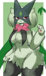 anthro catgirl female female_only furry green_fur in_pnj looking_away mask meowscarada pokémon_(species) pokemon pokemon_sv red_eyes