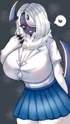 anthro black_skin furry horn huge_breasts in_pnj pokémon_(species) pokemon red_eyes school_uniform tight_clothing tight_fit tired_eyes voluptuous white_fur