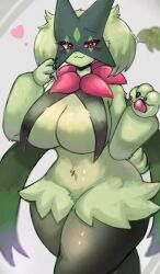 big_breasts catgirl feline_humanoid female furry game_freak green_fur in_pnj looking_away mask meowscarada nintendo pokémon_(species) pokemon pokemon_sv red_eyes voluptuous_female widescreen