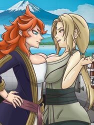 2girls black_clover blue_eyes breast_docking breast_press breasts brown_eyes crossover docking mereoleona_vermillion naruto naruto_(classic) naruto_(series) naruto_shippuden only_female oppai orange_hair smiling sondrykle symmetrical_docking tsunade yellow_hair yuri