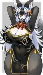 :o anthro arms_behind_head furry huge_breasts humanoid in_pnj original_character pose sweatdrop thick_thighs tight_fit venus_body voluptuous wide_hips